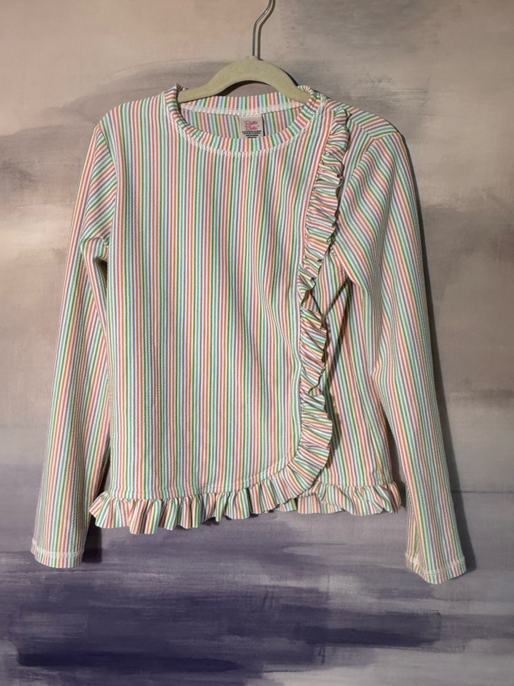 Girls Seersucker Pastel Rainbow Long Sleeve‎ Swim Top Rash Guard